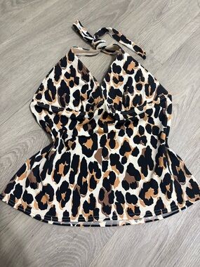 Leopard Print Halter Tankini Top - Black, Brown, Cream